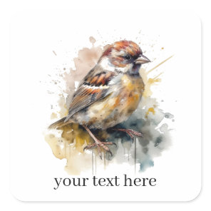 Rustic Watercolor Sparrow, custom Square Sticker