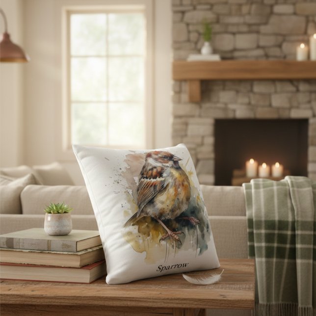 Rustic Watercolor Sparrow, custom Throw Pillow (Creator Uploaded)