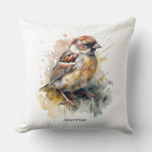 Rustic Watercolor Sparrow, custom Throw Pillow