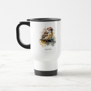Rustic Watercolor Sparrow, custom Travel Mug