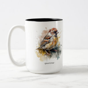 Rustic Watercolor Sparrow, custom Two-Tone Coffee Mug