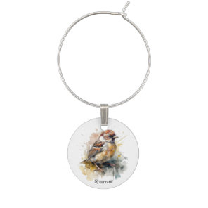 Rustic Watercolor Sparrow, custom Wine Charm