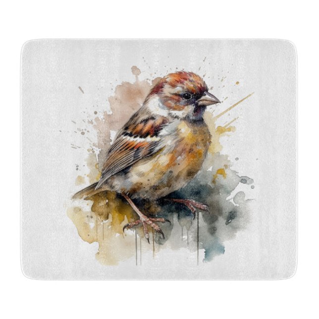 Rustic Watercolor Sparrow Cutting Board (Front)