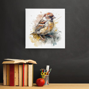 Rustic Watercolor Sparrow Faux Canvas Print