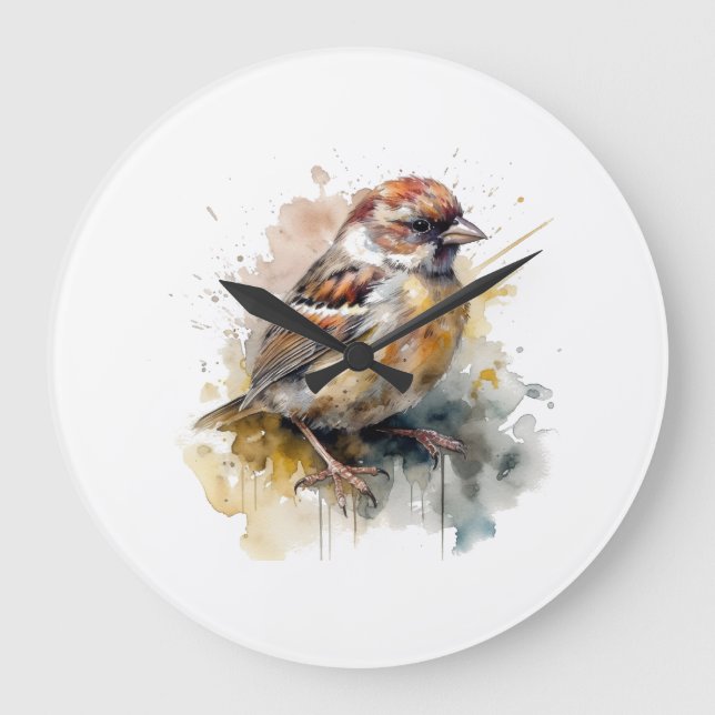 Rustic Watercolor Sparrow Large Clock (Front)