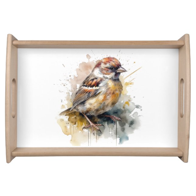 Rustic Watercolor Sparrow Serving Tray (Front)