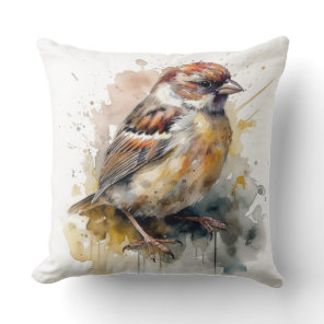 Rustic Watercolor Sparrow Throw Pillow