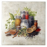 Rustic Watercolor Spices Faux Texture Watercolor Ceramic Tile<br><div class="desc">Rustic watercolor graphic design on a faux texture background with spices,  cinnamon,  garlic.  Mason canning jars filled with natural kitchen goods.  A vintage country look.  Perfect for your country French or cottage farmhouse kitchen.</div>
