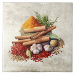 Rustic Watercolor Spices Faux Texture Watercolor Ceramic Tile<br><div class="desc">Rustic watercolor graphic design on a faux texture background with spices,  cinnamon,  garlic.  A sweet farmhouse design.  A vintage country look.  Perfect for your country French or cottage farmhouse home.</div>