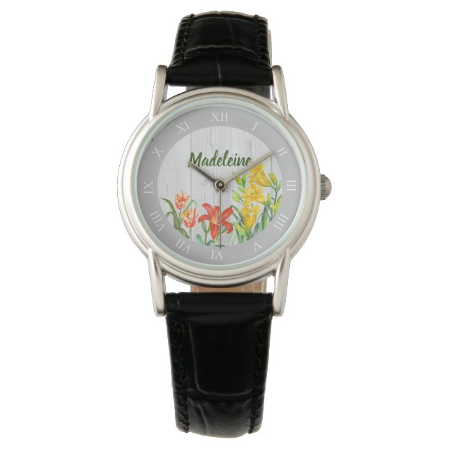 Rustic Watercolor Spring Flowers Floral Art Watch (Front)