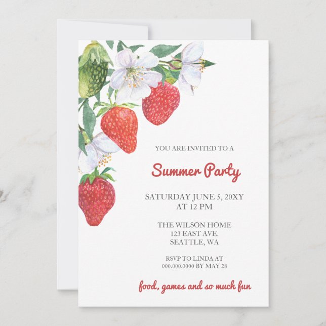 Rustic Watercolor Strawberries Summer Party Invitation (Front)
