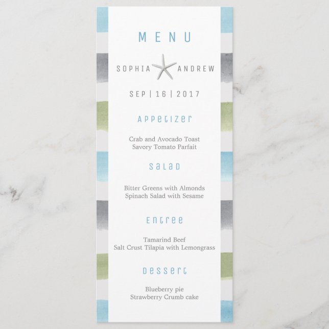 Rustic watercolor stripes beach wedding menu (Front)