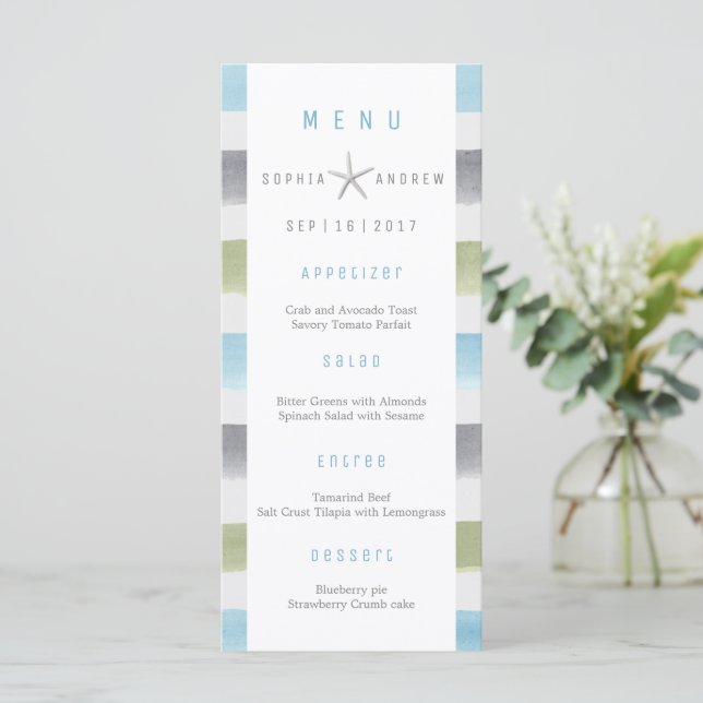 Rustic watercolor stripes beach wedding menu (Standing Front)