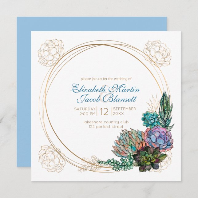 Rustic Watercolor Succulent, blue Wedding Invitation (Front/Back)