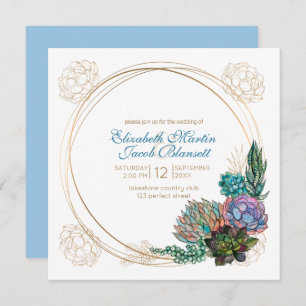 Rustic Watercolor Succulent, blue Wedding Invitation