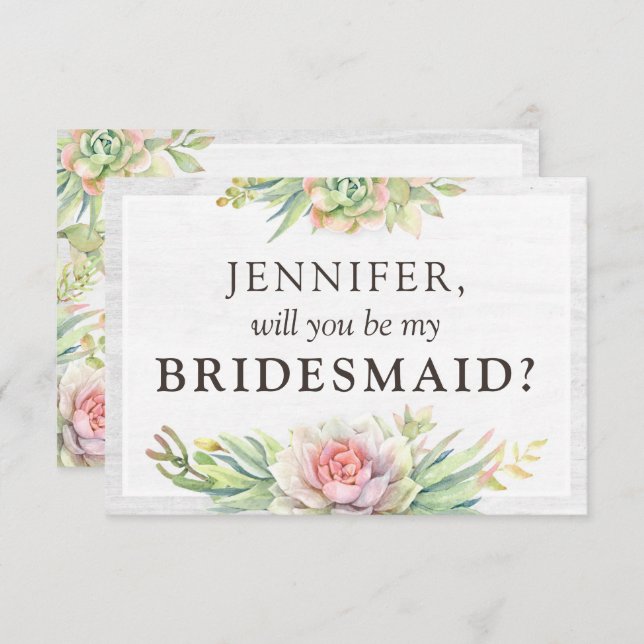 Rustic Watercolor Succulent Bridal Party Proposal Invitation (Front/Back)
