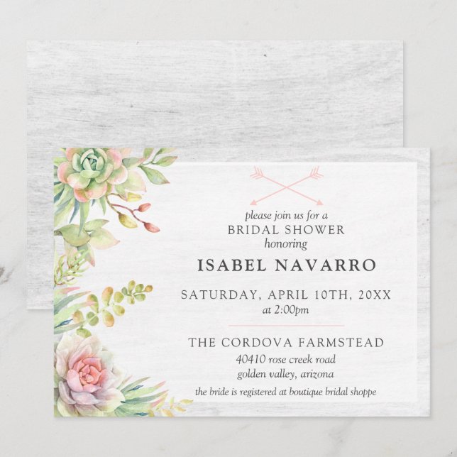 Rustic Watercolor Succulent Cactus Bridal Shower Invitation (Front/Back)