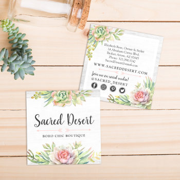 Rustic Watercolor Succulent Cactus Social Media Square Business Card by CyanSkyDesign at Zazzle