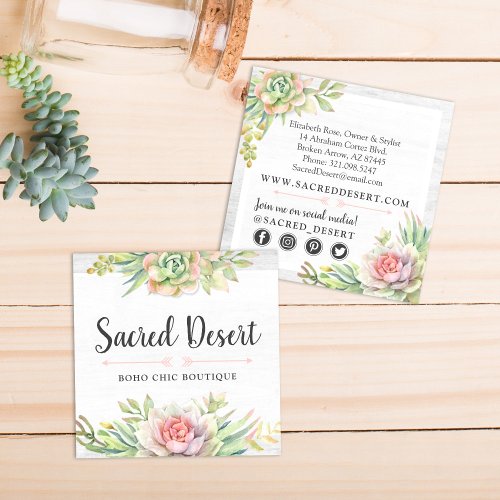 Rustic Watercolor Succulent Cactus Social Media Square Business Card