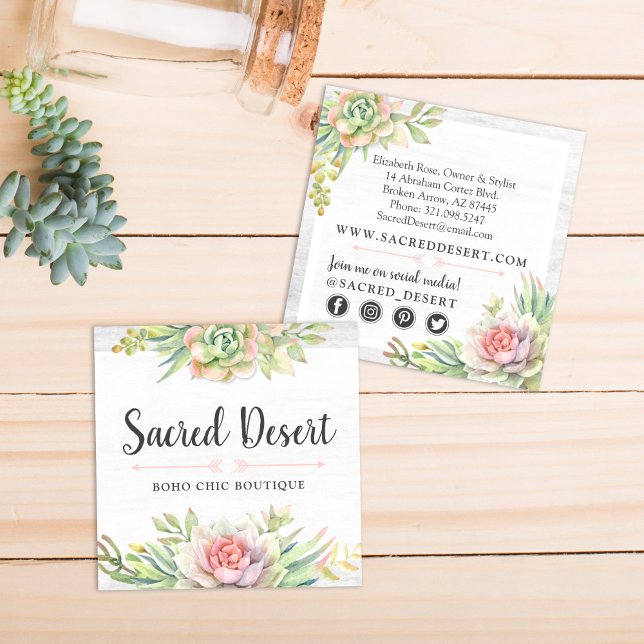 Rustic Watercolor Succulent Cactus Social Media Square Business Card (Creator Uploaded)