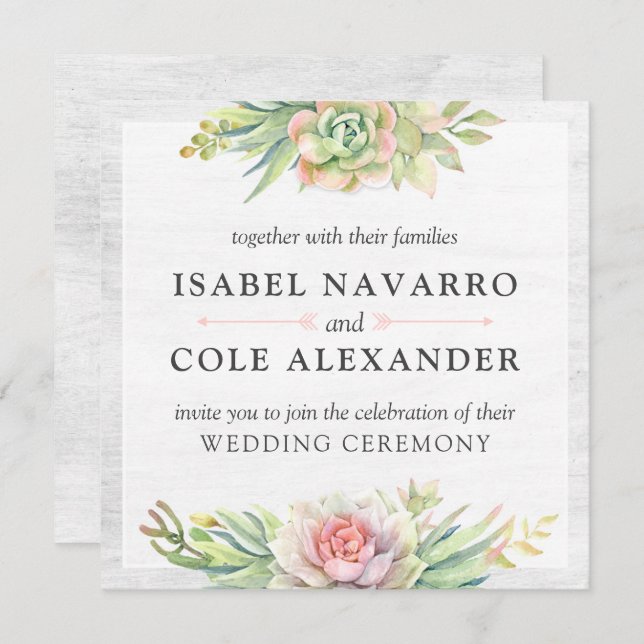 Rustic Watercolor Succulent Cactus Square Wedding Invitation (Front/Back)