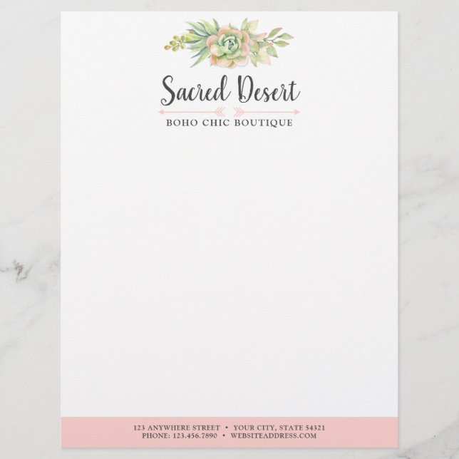 Rustic Watercolor Succulent Desert Cactus Boho Letterhead (Front)
