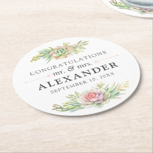 Rustic Watercolor Succulent Desert Cactus Wedding Round Paper Coaster
