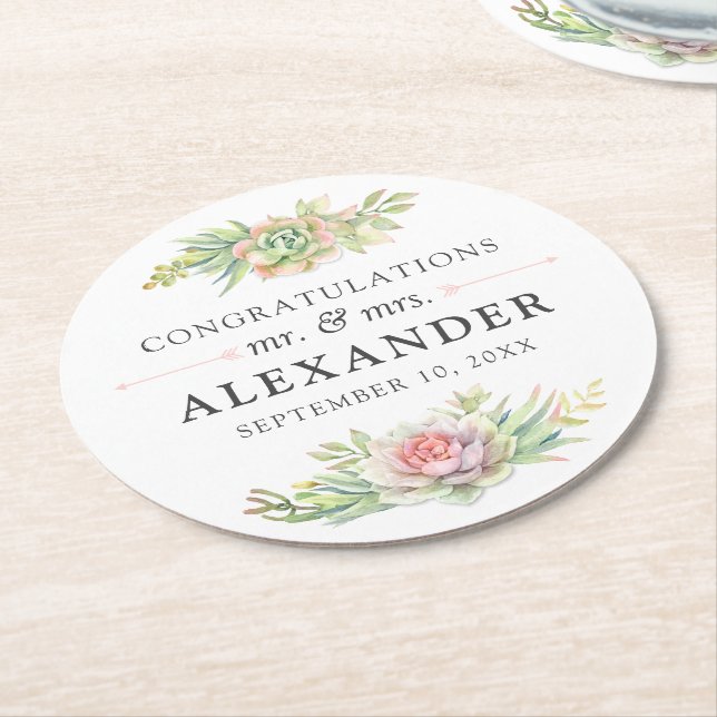 Rustic Watercolor Succulent Desert Cactus Wedding Round Paper Coaster (Angled)
