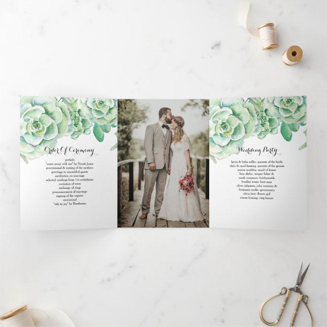 Rustic Watercolor Succulent Desert Photo Wedding Tri-Fold Program (Inside)