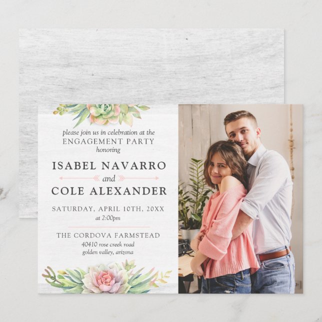 Rustic Watercolor Succulent Engagement Party Photo Invitation (Front/Back)