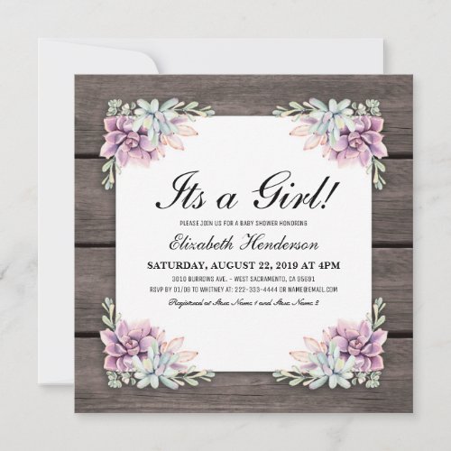 Rustic Watercolor Succulent Floral Baby Shower Invitation - Country garden chic baby shower invitations featuring a rustic wood barn background, a succulent floral corner display and a bbaby shower template. Click on the “Customize it” button for further personalization of this template. You will be able to modify all text, including the style, colors, and sizes. You will find matching items further down the page, if however you can't find what you looking for please contact me.