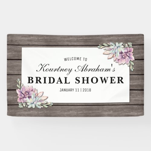 Rustic Watercolor Succulent Floral Bridal Shower Banner - Country chic bridal shower banner featuring a rustic wood barn background, a succulent corner display and a bridal party text template. Click on the “Customize it” button for further personalization of this template. You will be able to modify all text, including the style, colors, and sizes. You will find matching items further down the page, if however you can't find what you looking for please contact me. This is perfect for a rustic, country, western, ranch, barn, vineyard or backyard wedding bridal shower.