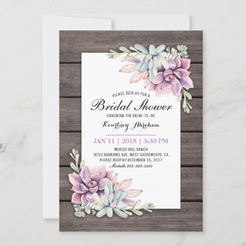Rustic Watercolor Succulent Floral Bridal Shower Invitation - Country chic bridal shower invitations featuring a rustic wood barn background, a succulent corner display and a bridal text template.
Click on the “Customize it” button for further personalization of this template. You will be able to modify all text, including the style, colors, and sizes.
You will find matching items further down the page, if however you can't find what you looking for please contact me.