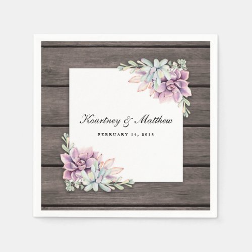 Rustic Watercolor Succulent Floral Paper Napkins - Country chic personalized wedding napkins featuring a rustic wood barn background, a succulent corner display and an elegant text template. Click on the “Customize it” button for further personalization of this template. You will be able to modify all text, including the style, colors, and sizes. You will find matching items further down the page, if however you can't find what you looking for please contact me. Perfect for weddings, birthdays, engagements, bridal showers, etc.