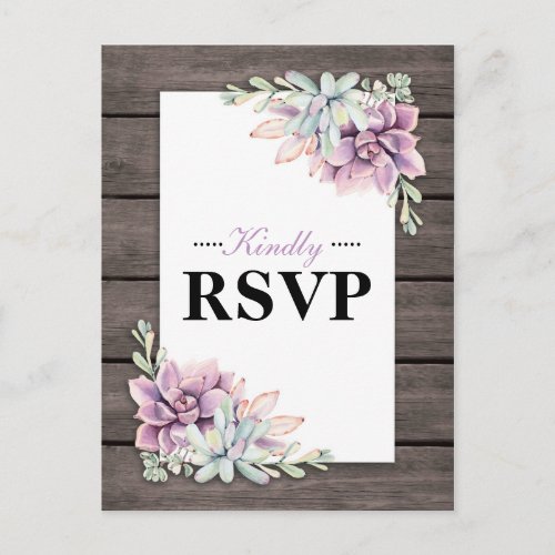 Rustic Watercolor Succulent Floral Wedding RSVP Invitation Postcard - Country chic wedding response postcards featuring a rustic wood barn background, a succulent corner display and a rustic rsvp text template that is easy to customize.
Click on the “Customize it” button for further personalization of this template. You will be able to modify all text, including the style, colors, and sizes.
You will find matching items further down the page, if however you can't find what you looking for please contact me.