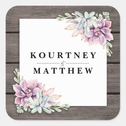 Rustic Watercolor Succulent Floral Wedding Square Sticker - Country chic wedding couple stickers featuring a rustic wood barn background, a succulent corner display, and the bride & grooms names. Click on the “Customize it” button for further personalization of this template. You will be able to modify all text, including the style, colors, and sizes. You will find matching items further down the page, if however you can't find what you looking for please contact me.