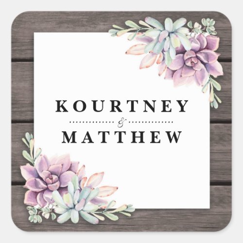 Rustic Watercolor Succulent Floral Wedding Square Sticker - Country chic wedding couple stickers featuring a rustic wood barn background, a succulent corner display, and the bride & grooms names. Click on the “Customize it” button for further personalization of this template. You will be able to modify all text, including the style, colors, and sizes. You will find matching items further down the page, if however you can't find what you looking for please contact me.