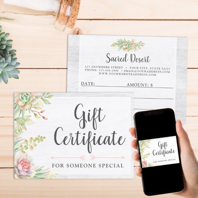Rustic Watercolor Succulent Gift Certificate Card (Creator Uploaded)