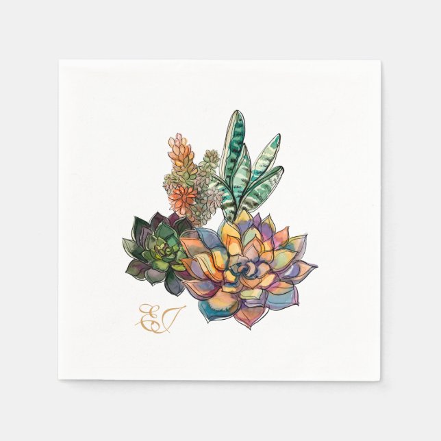 Rustic Watercolor Succulent Initials Napkins (Front)