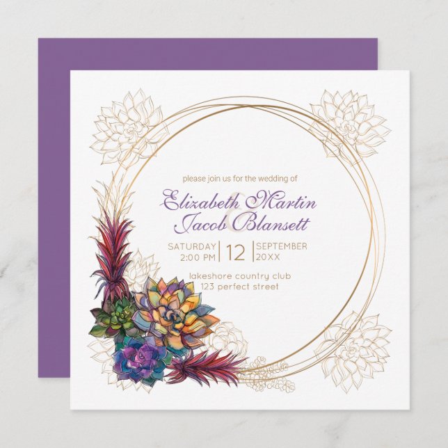 Rustic Watercolor Succulent, lavender Wedding Invitation (Front/Back)