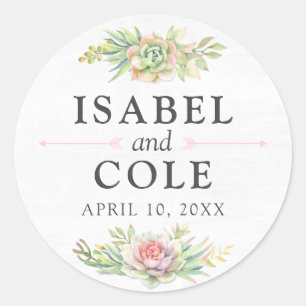 Rustic Watercolor Succulent Names & Wedding Date Classic Round Sticker