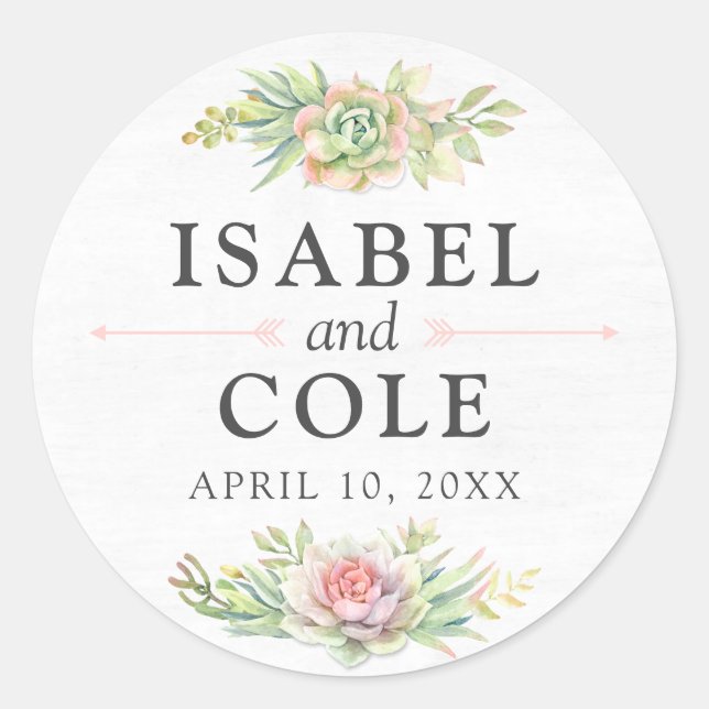 Rustic Watercolor Succulent Names & Wedding Date Classic Round Sticker (Front)