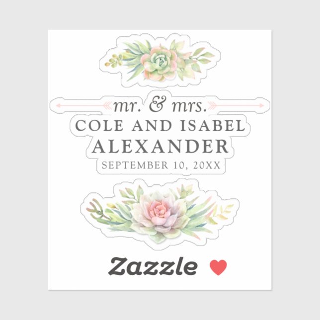 Rustic Watercolor Succulent Names & Wedding Date Sticker (Sheet)