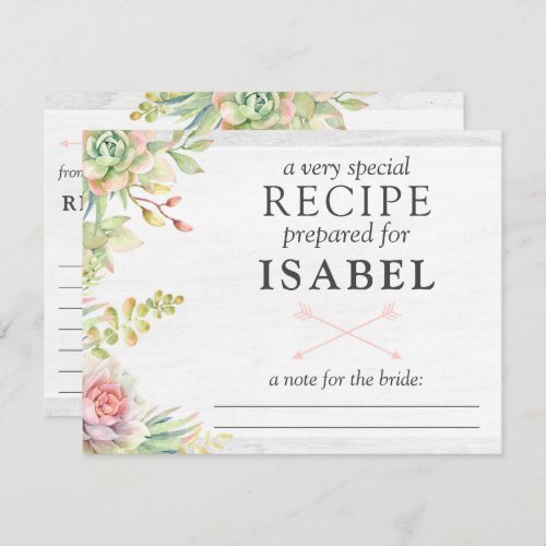 Rustic Watercolor Succulent Recipe Card For Bride
