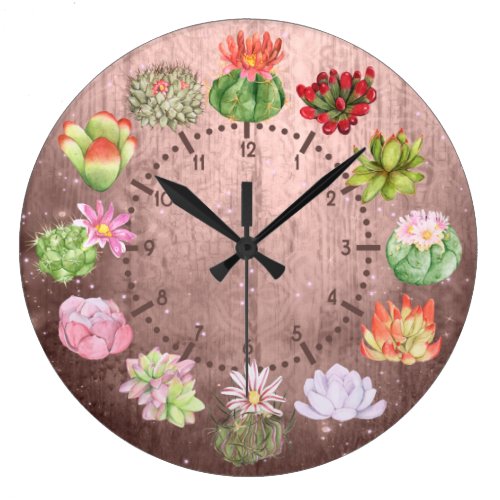 Rustic Watercolor Succulents Large Clock