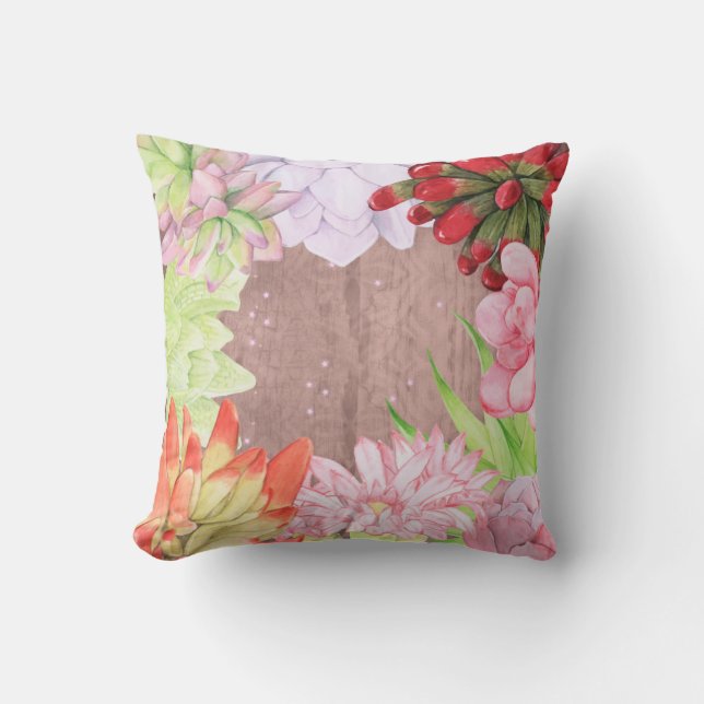 Rustic Watercolor Succulents Throw Pillow (Front)