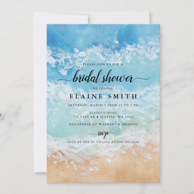 Rustic Watercolor Summer Sea Beach Bridal Shower Invitation (Front)