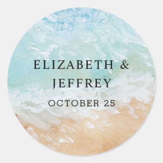 Rustic Watercolor Summer Sea Beach Wedding Classic Round Sticker