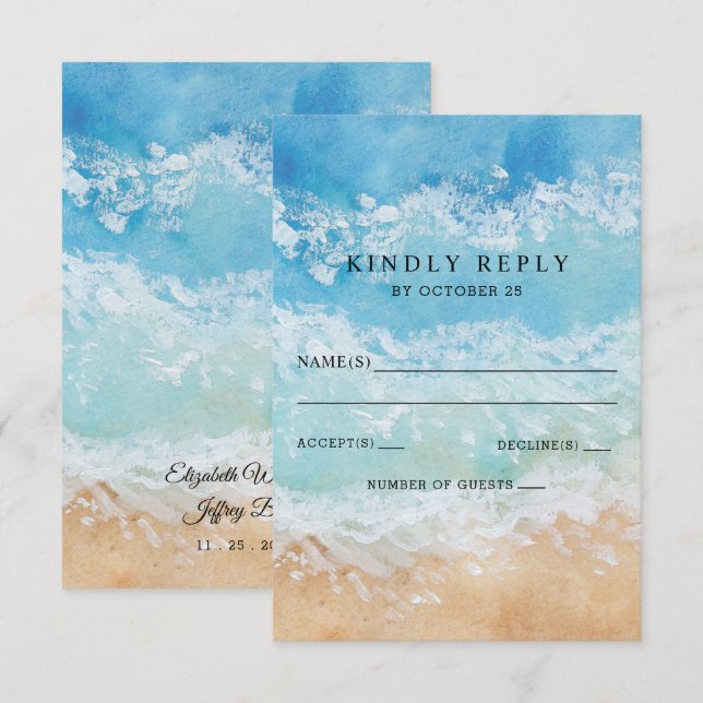 Rustic Watercolor Summer Sea Beach Wedding RSVP Card (Front/Back)