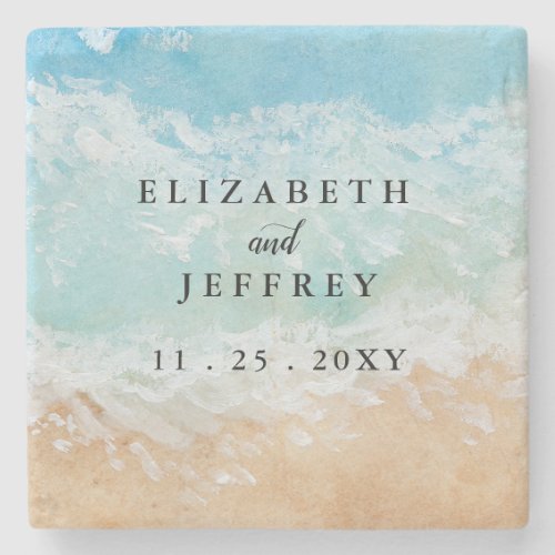 Rustic Watercolor Summer Sea Beach Wedding  Stone Coaster